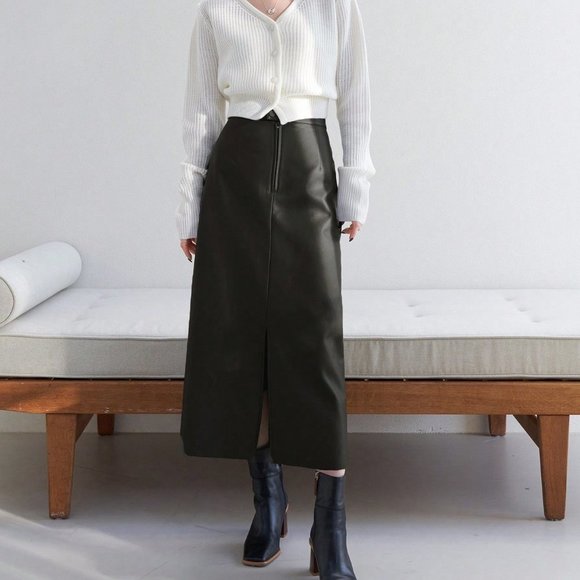 . Dresses & Skirts - Dark Green Casual Womens High Waist Split Hem PU Skirt